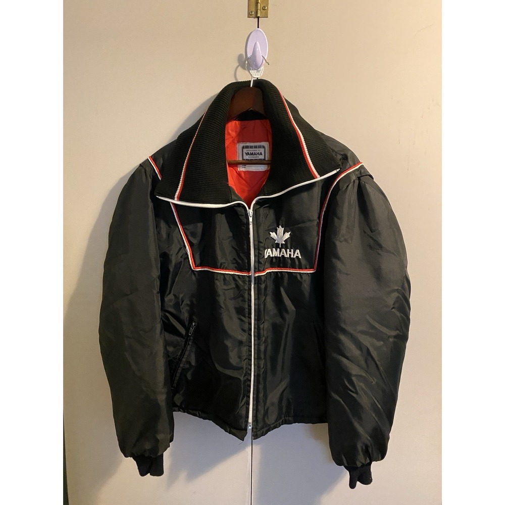 Vtg 80s Yamaha Canada Snowmobile Jacket Maxim Wear Black Puffer Bomber Mens S/M